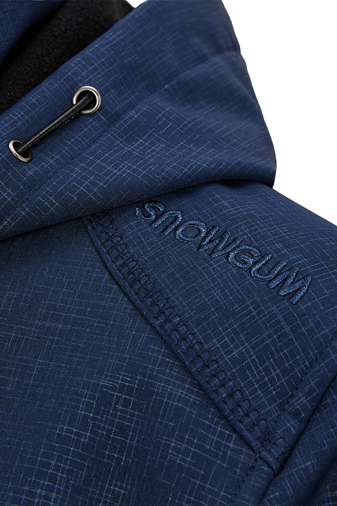 Close-up of a blue jacket with 'Snowgum' branding on a white background