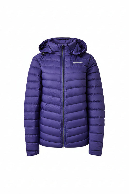 Purple puffer jacket on a white background