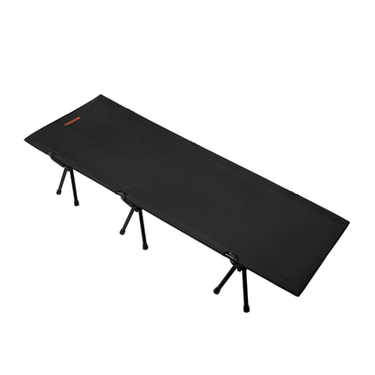 Black camping stretcher with legs on a white background