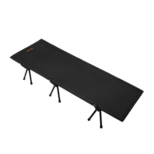 Black camping stretcher with legs on a white background