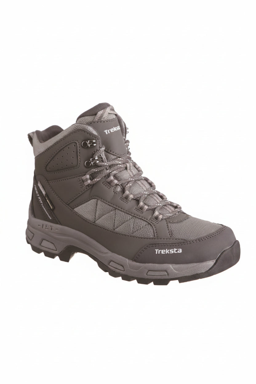 Grey hiking boot with visible brand name on a white background