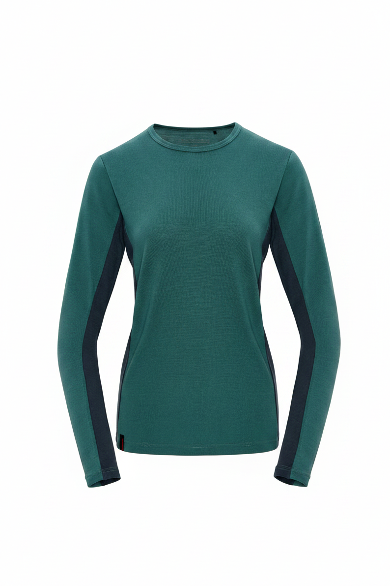 Green long-sleeve crew neck with charcoal accents on a white background