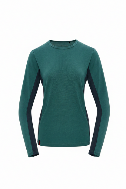 Green long-sleeve crew neck with charcoal accents on a white background