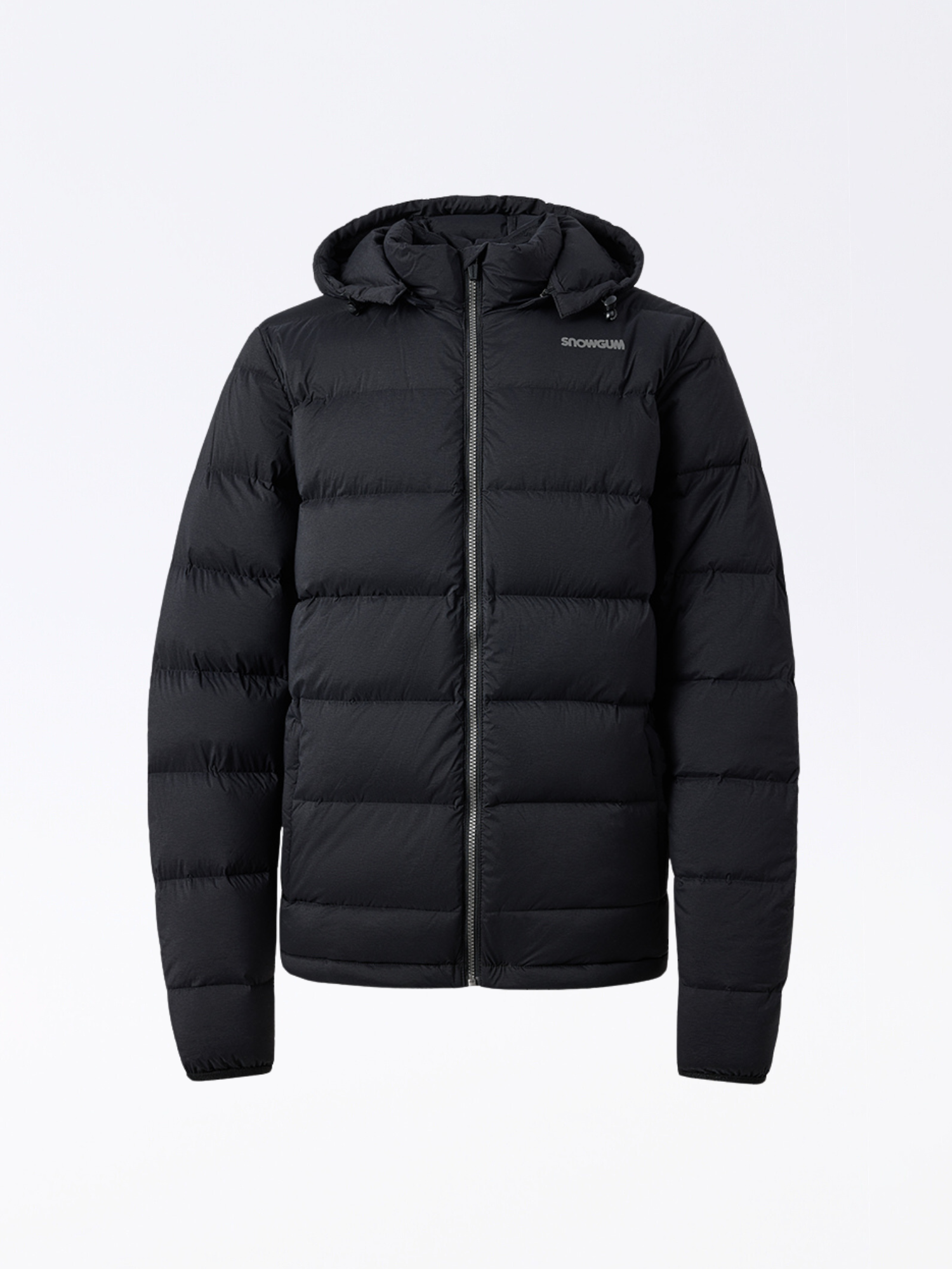 Black puffer jacket with a brand logo on a light gray background
