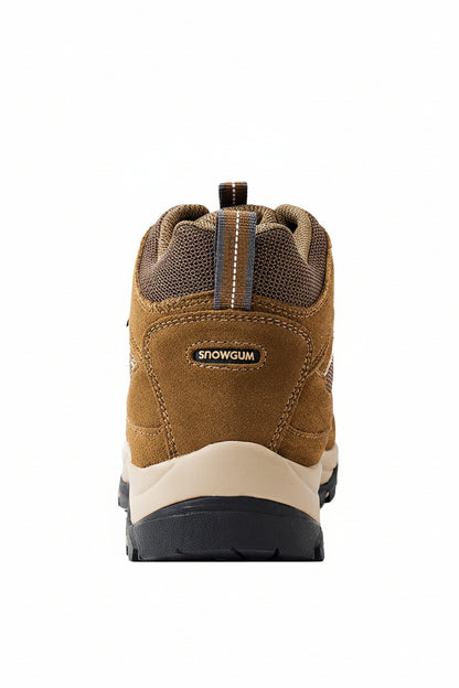 Brown hiking boot with 'Snowgum' branding on a white background