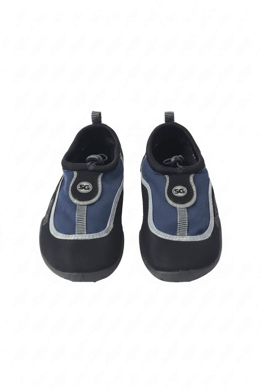Pair of black and blue water shoes with a visible brand logo on a white background