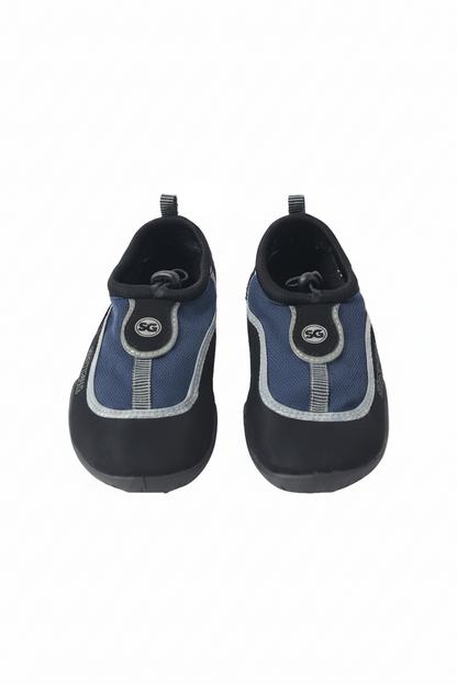 Pair of black and blue water shoes with a visible brand logo on a white background