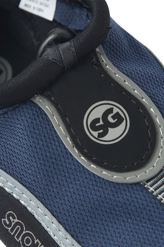 Close-up of a blue aqua shoe with a brand logo on a white background