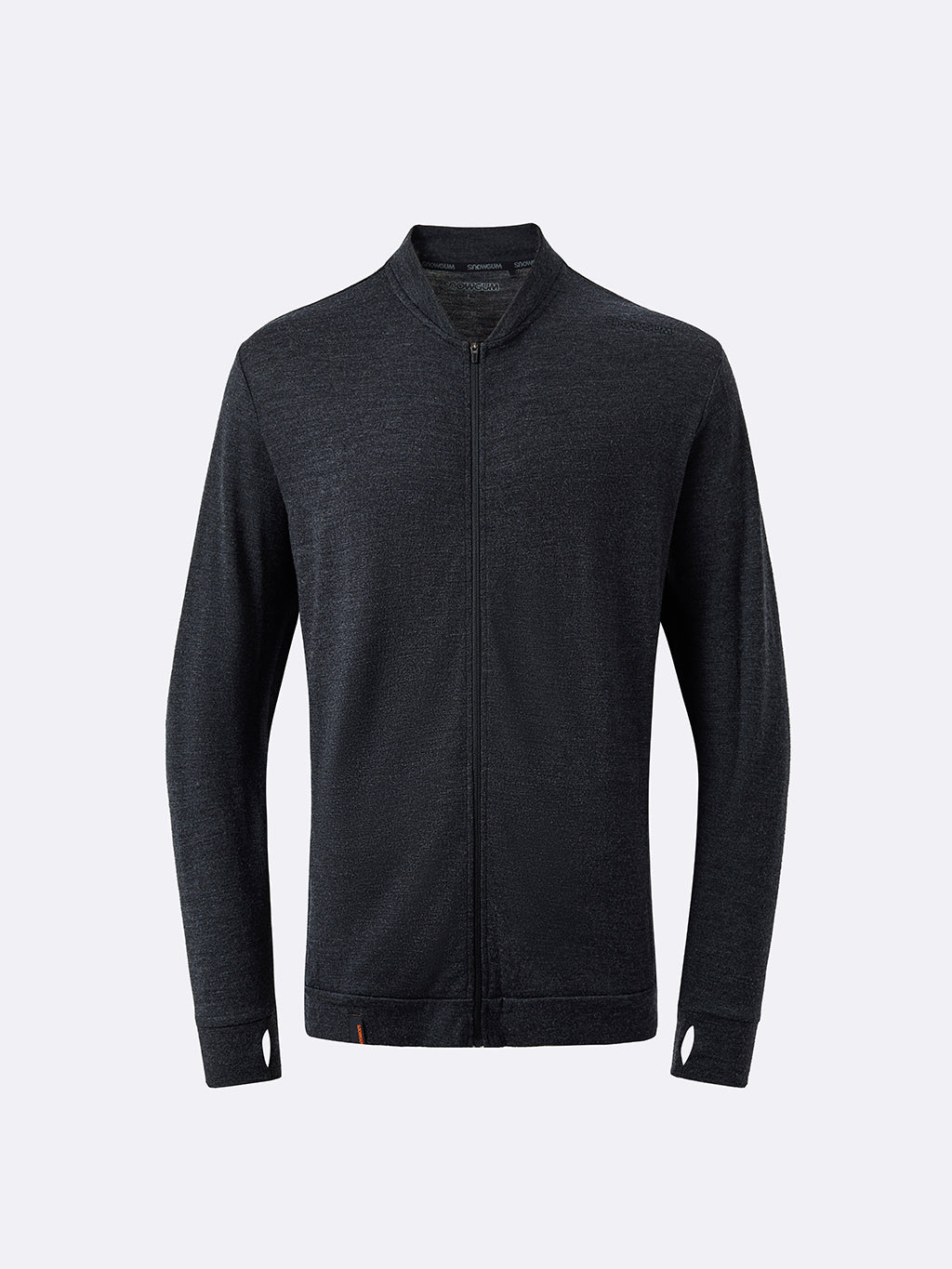 A dark charcoal gray zip-up jacket with a stand collar, displayed on a clean light gray background.