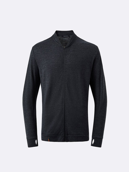A dark charcoal gray zip-up jacket with a stand collar, displayed on a clean light gray background.