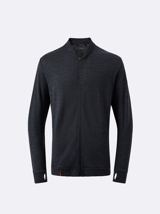 A dark charcoal gray zip-up jacket with a stand collar, displayed on a clean light gray background.