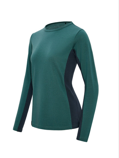 Green long-sleeve crew neck with charcoal accents on a white background