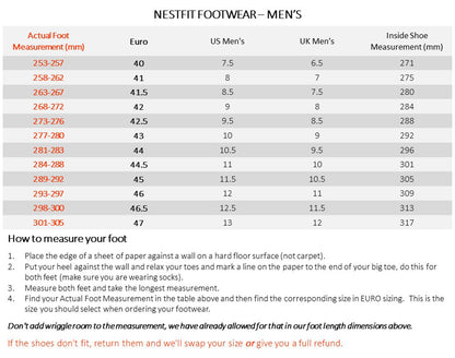 Table showing shoe size conversions for men's footwear by Nestfit.
