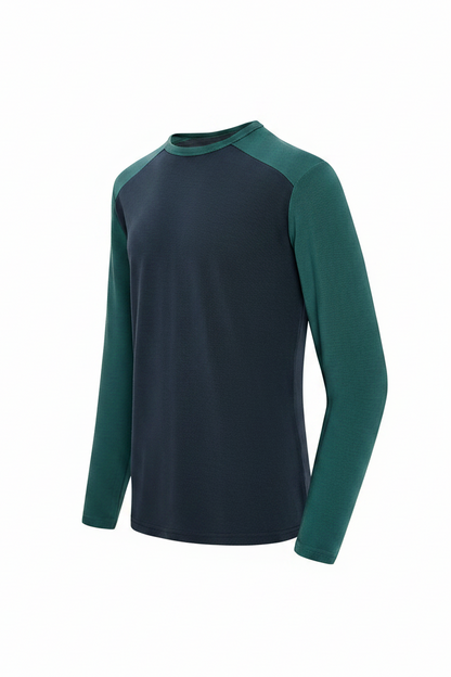 Long-sleeve crew neck with a two-tone design on a white background