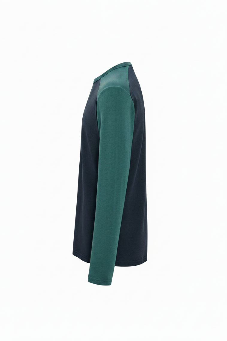 Side view of a dark green and charcoal long-sleeve shirt on a white background