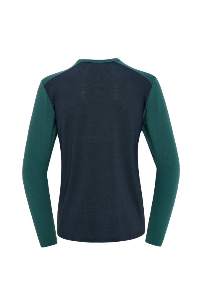 Long-sleeve shirt with green sleeves and black back on a white background