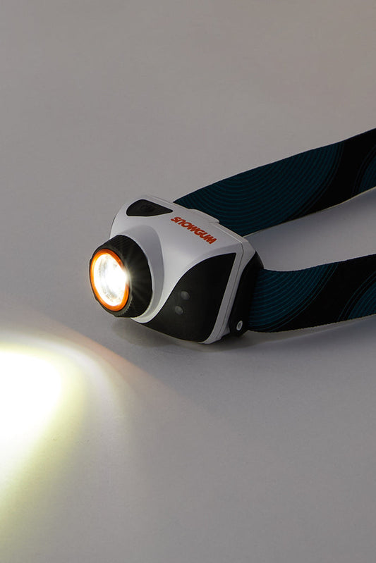 Headlamp with a light on on a grey background