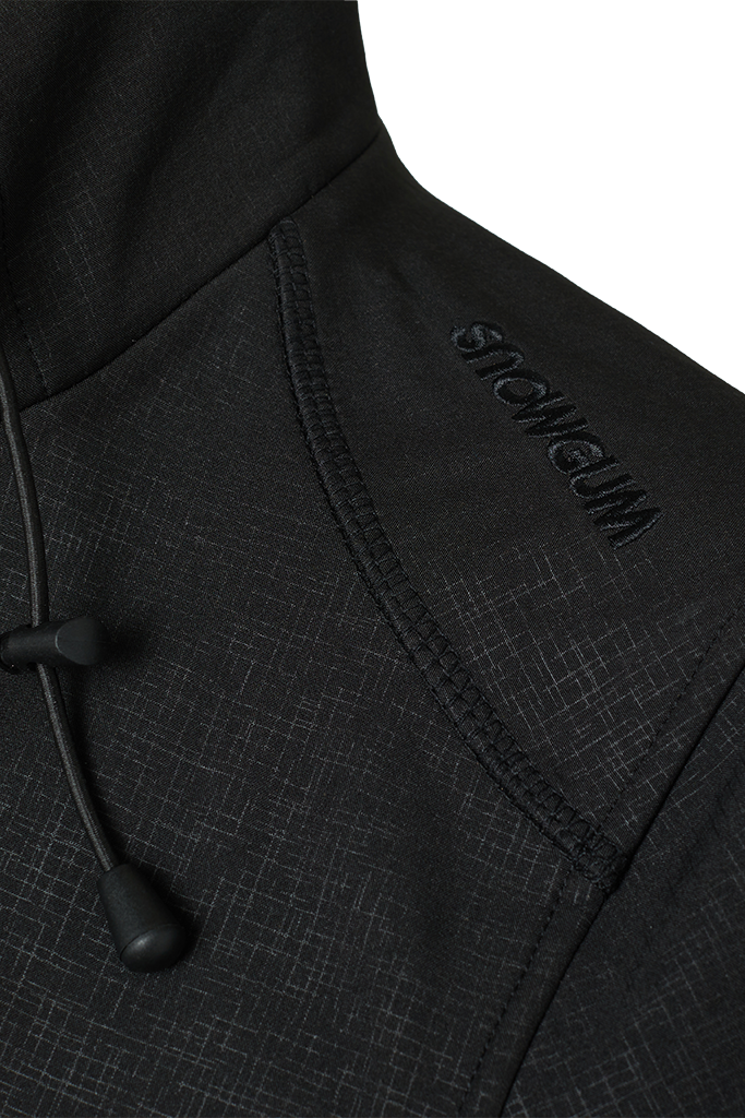 Black jacket with a brand logo on a white background