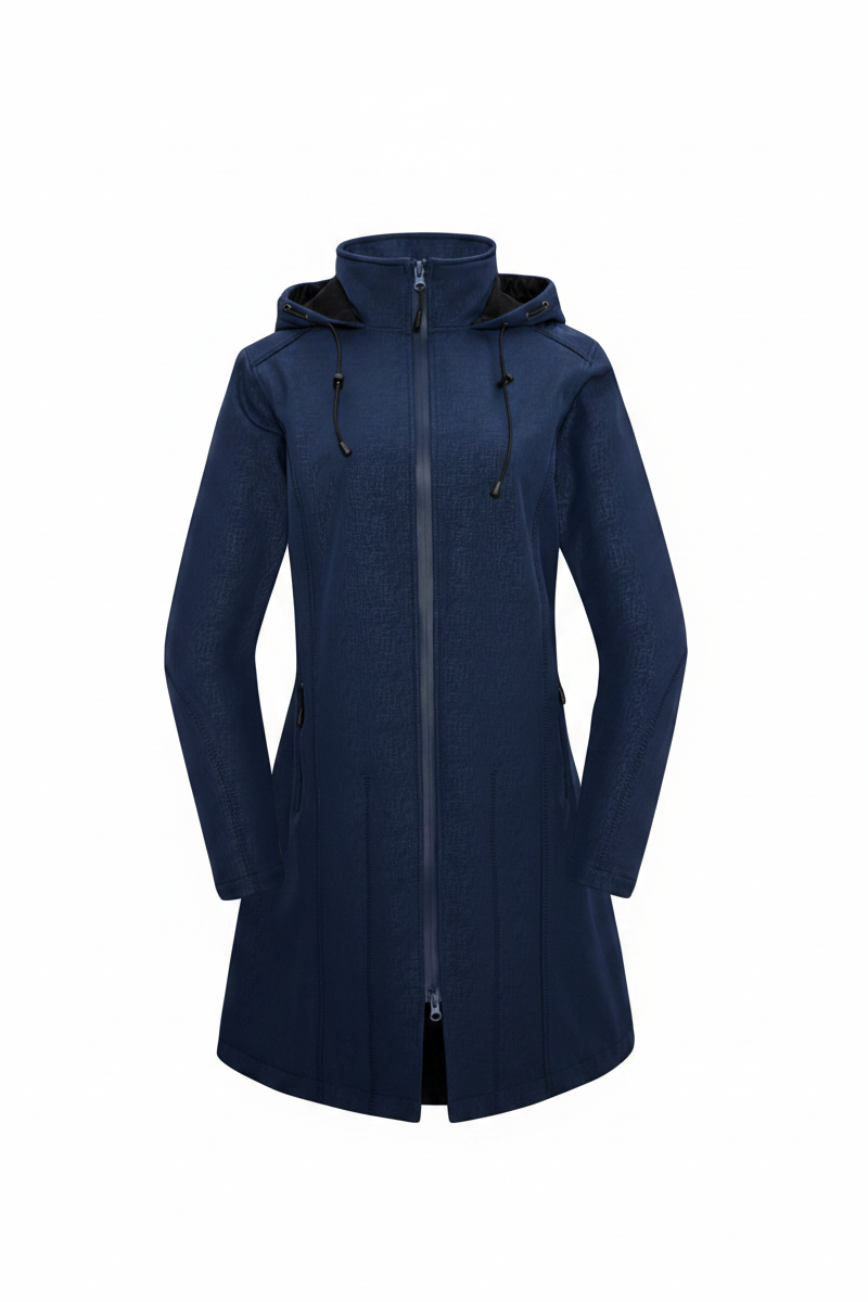Indigo waterproof trench coat with a structure longline cut on a white background