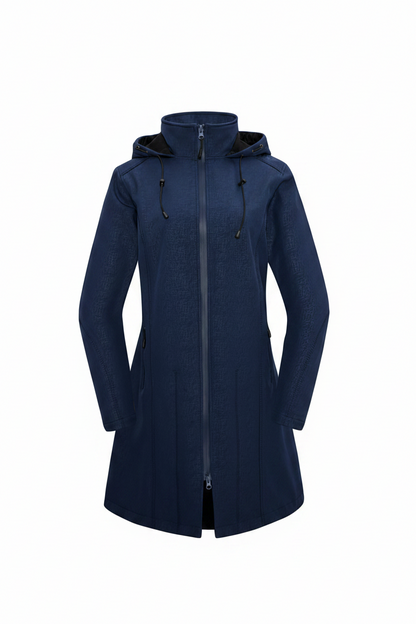 Indigo waterproof trench coat with a structure longline cut on a white background