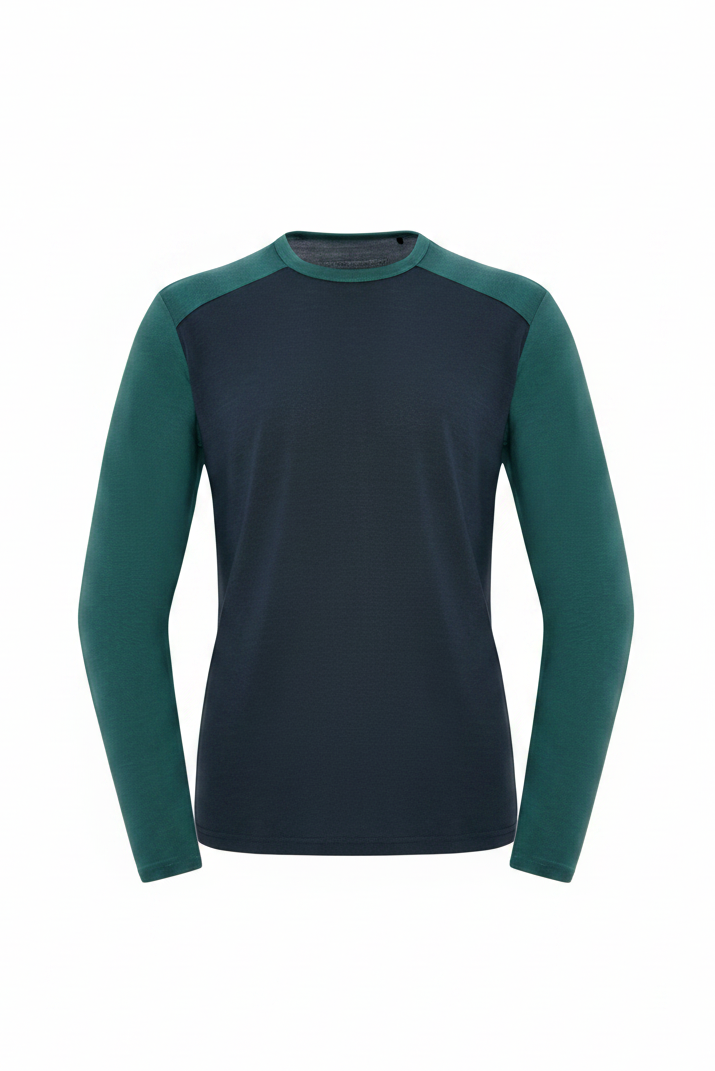 Long-sleeve shirt with green and charcoalcolor block design on a white background