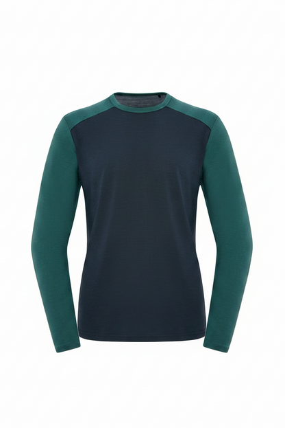 Long-sleeve shirt with green and charcoalcolor block design on a white background
