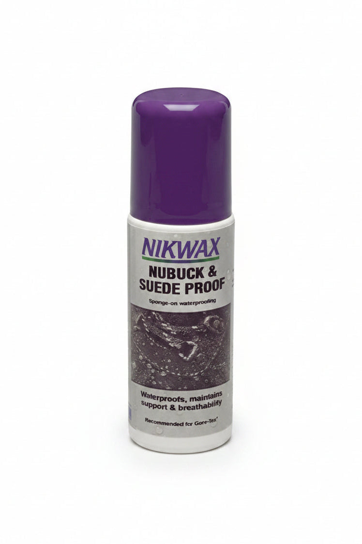 Nikwax nubuck and suede proof spray bottle on a white background