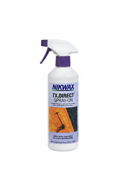 Nikwax TX.Direct Spray-On bottle with purple nozzle on a white background