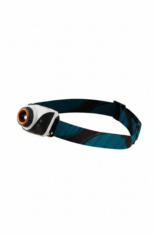 White head torch with green head strap on white background